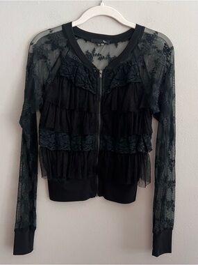 Ryu Black Lace Ruffle Zip-Front sheer top  size medium